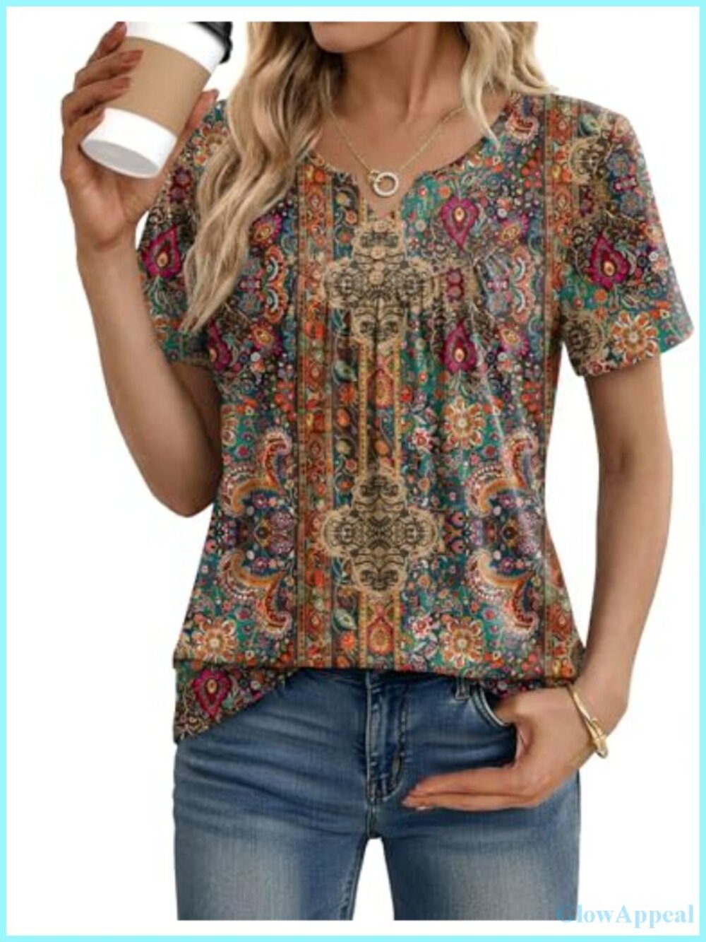 Womens Pleated Tunic Top V-Neck Short Sleeve Blouse for Work Office